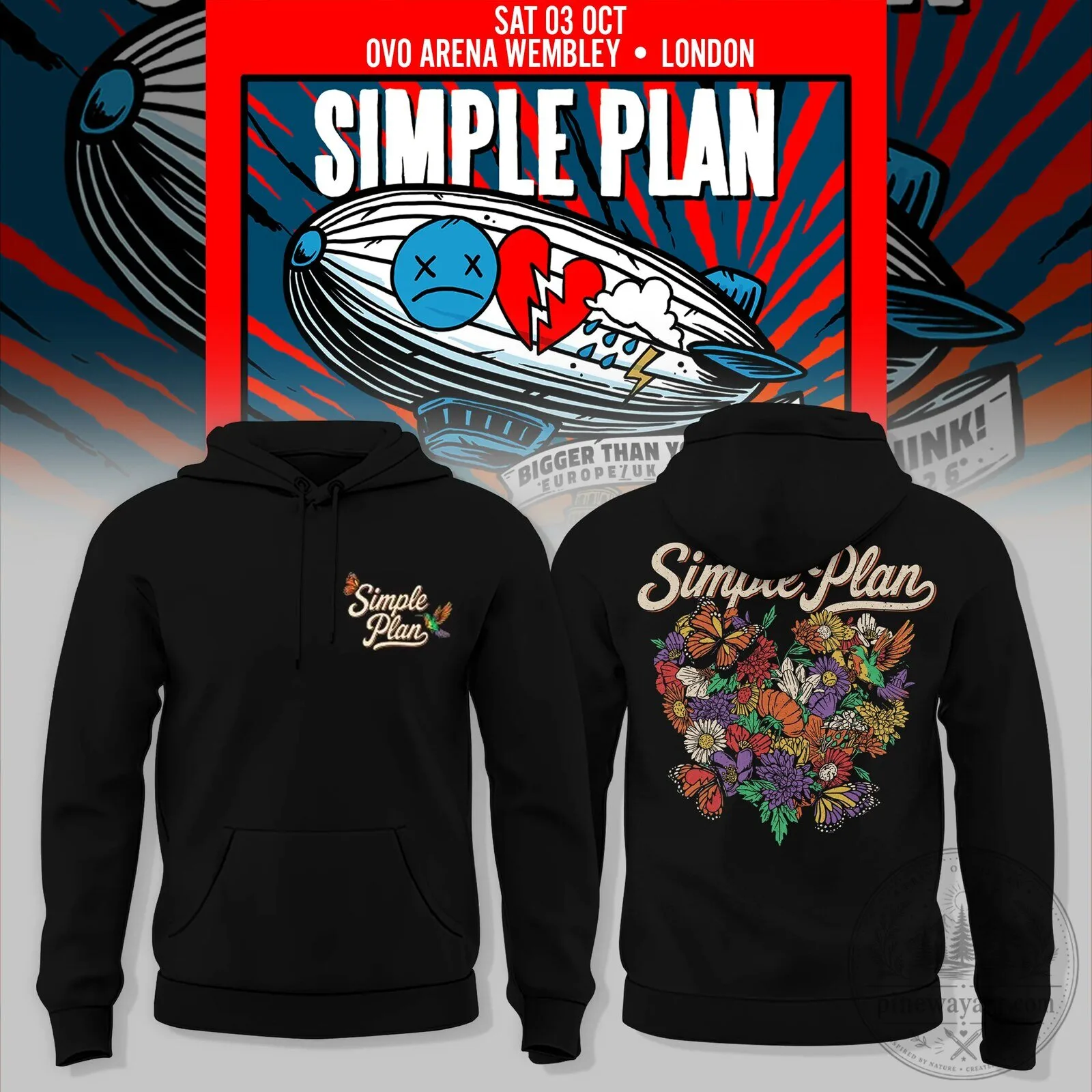 Simple Plan Bigger Than You Think Tour 2026 London Concert Black Hoodie